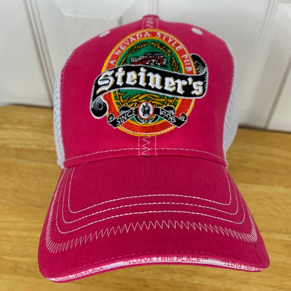 NWOT Steiner’s pink/white 21st Anniversary hat. Perfect Fit 4-way stretch,